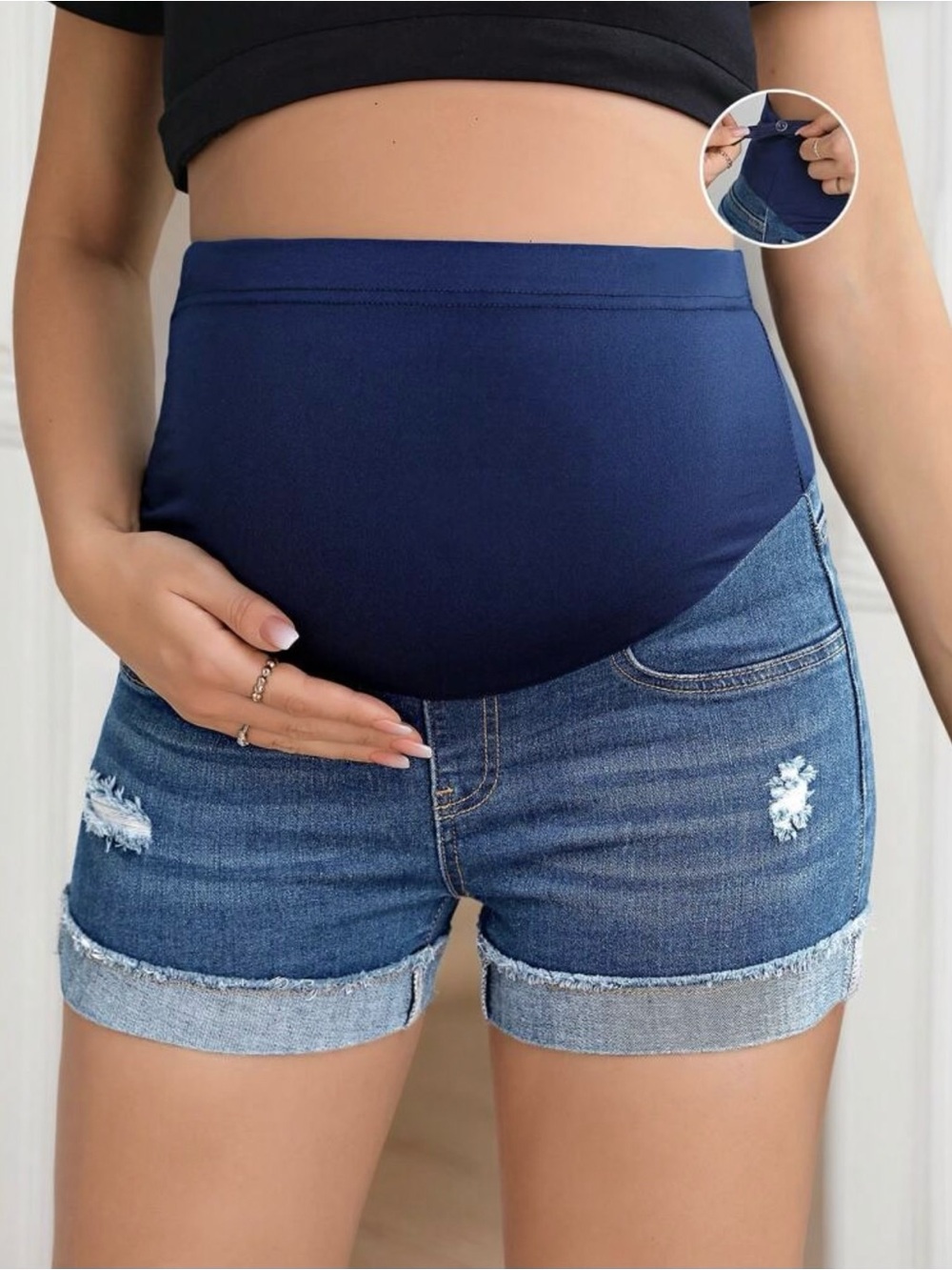 Denim Maternity Shorts with Navy Support Panel